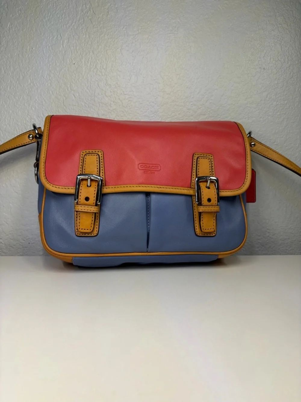 Coach Park Colorblock Leather Crossbody - Red, Blue & Tan Trim #F23383 - Picture 2 of 15
